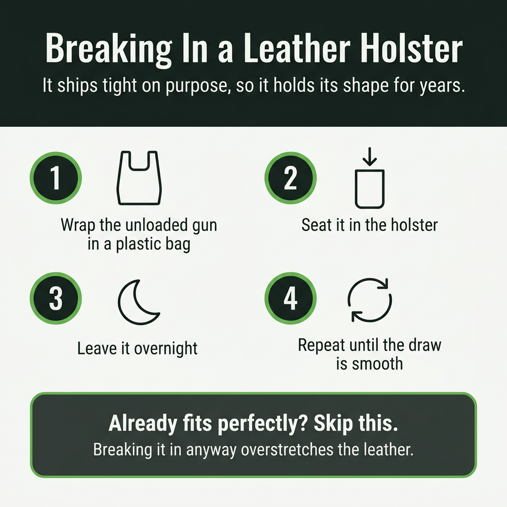 Four steps to break in a leather IWB holster with an unloaded gun in a plastic bag