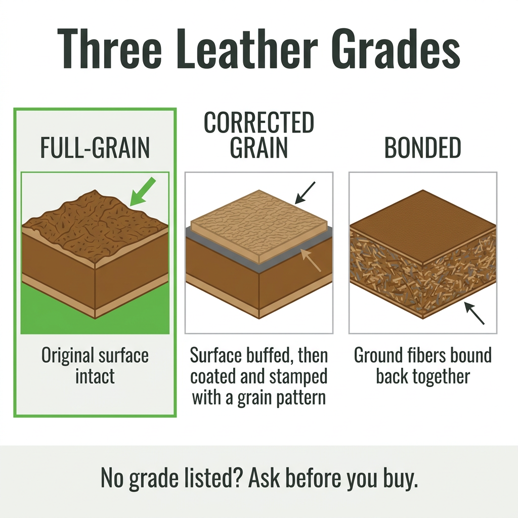 Three leather grades compared for a leather IWB holster: full-grain, corrected grain and bonded
