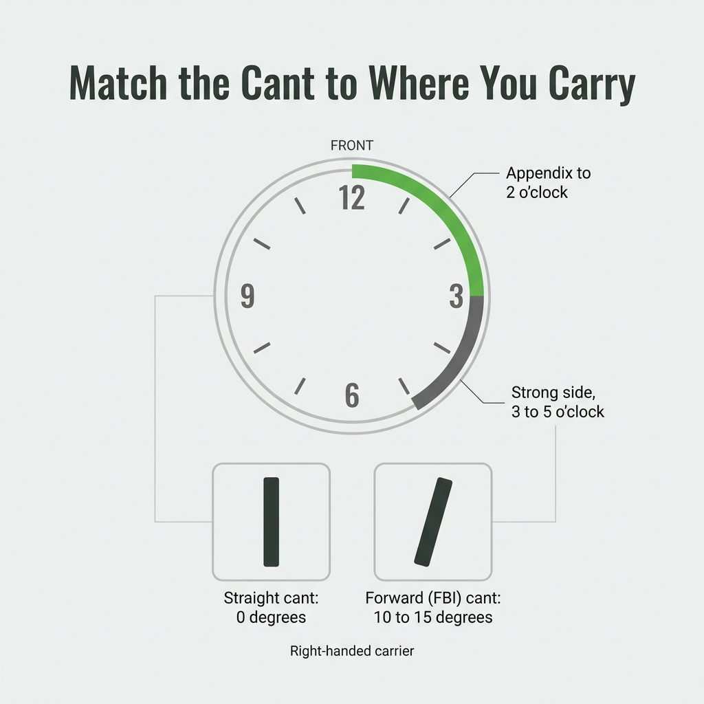 Carry position clock showing straight cant for appendix carry and forward FBI cant for strong-side IWB carry