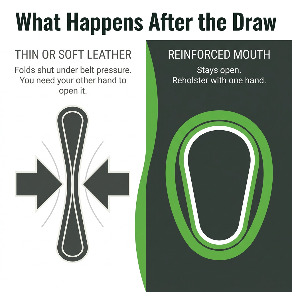 Thin leather IWB holster folding shut after the draw compared with a reinforced mouth that stays open