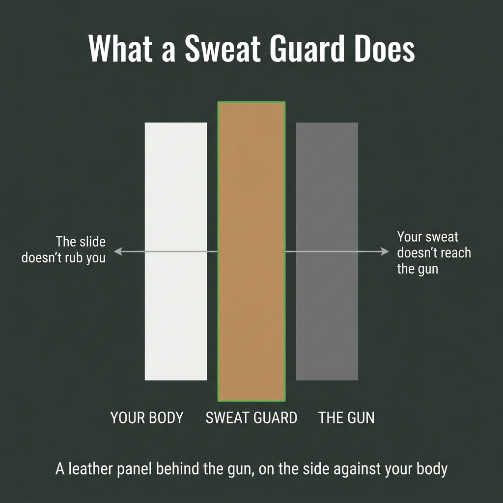 Diagram of a leather IWB holster sweat guard sitting between your body and the gun