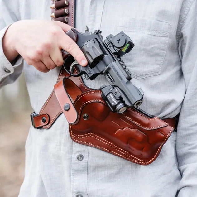 Your idea. Our craftsmanship. This one-of-a-kind shoulder holster was made completely custom through FALCO Bespoke™, where unique requests become handcrafted leatherwork.