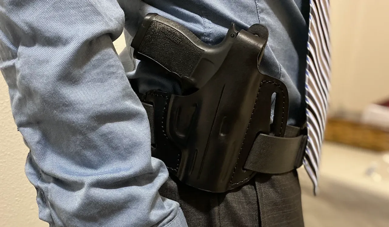 Pancake belt holster in use