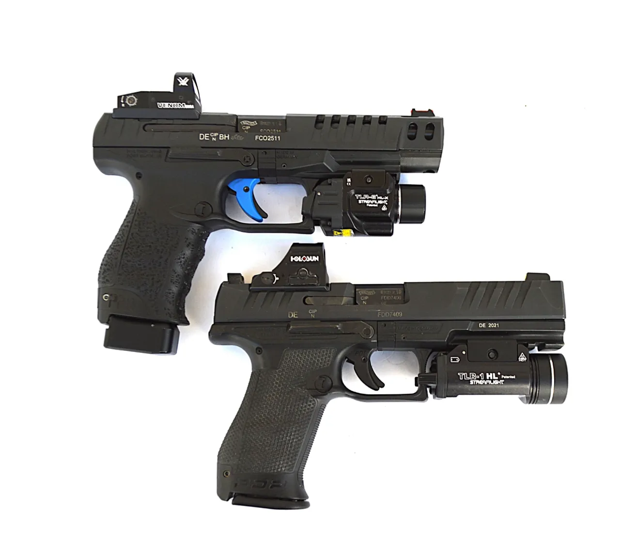 Top - Walther Q5 with a Vortex Viper red dot sight and Streamlight TRL8 combat light. The PDP, lower, features a Hologun optic and Streamlight TRL.