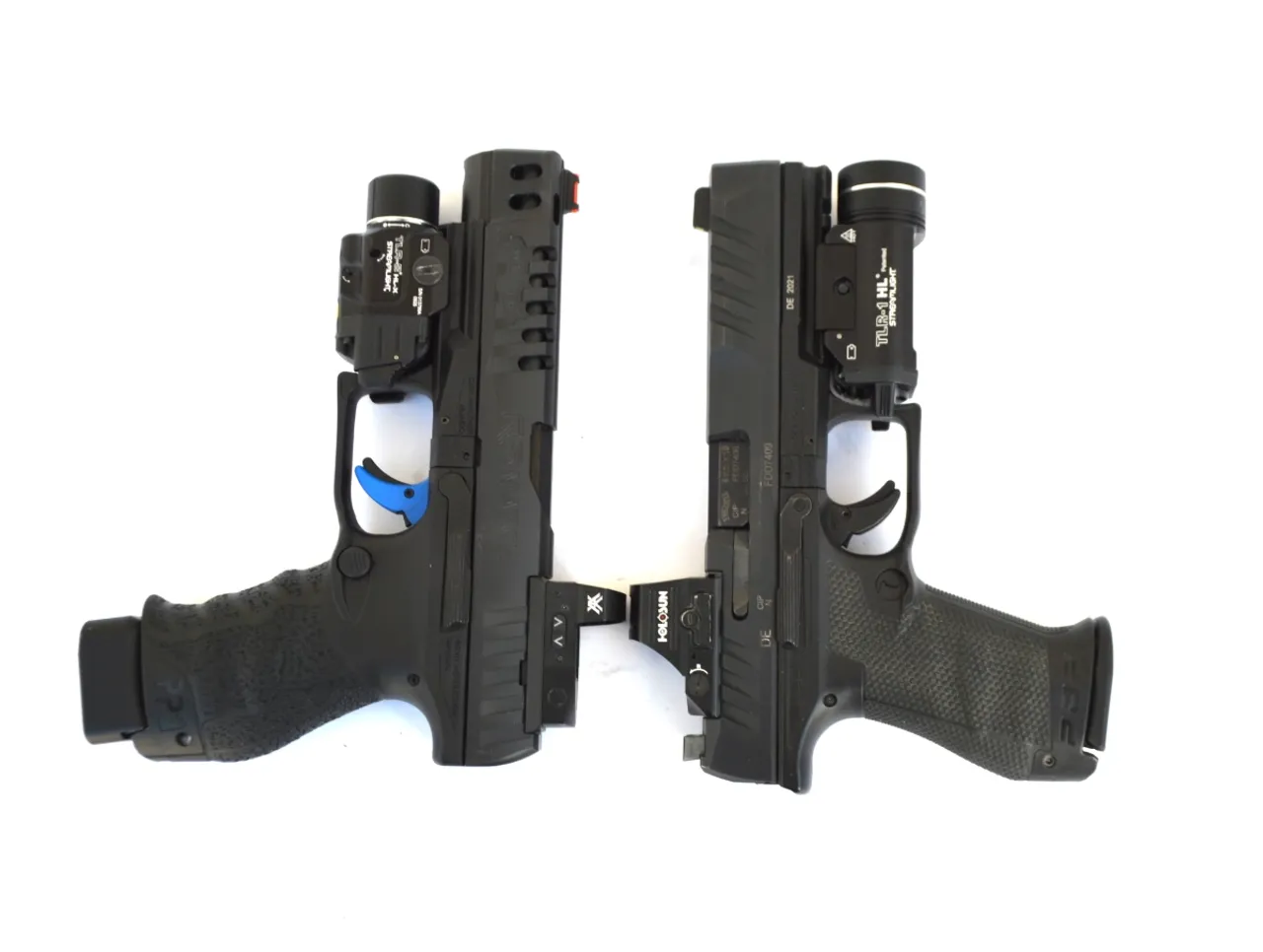 These optics ready handguns are actually very similar in performance and handling. Note Streamlight combat lights.