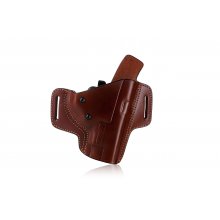 Pancake style OWB leather holster with security lock