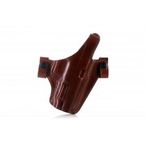 Easy on pancake style OWB leather holster with thumb break