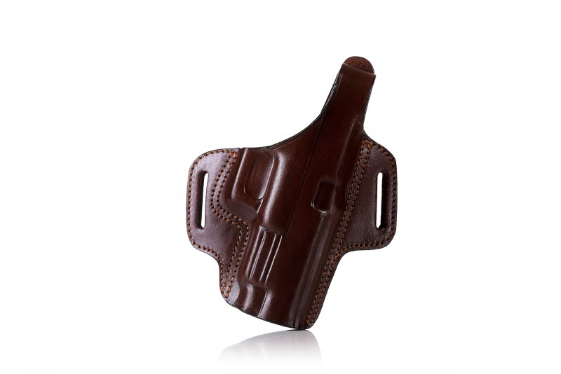 Pancake style OWB leather holster with thumb break