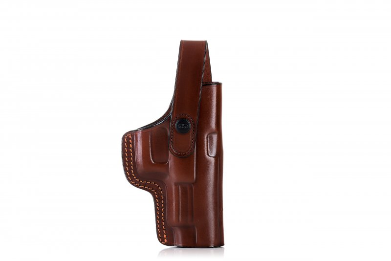 Slim design OWB belt leather holster with front security strap