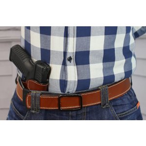 Variable IWB concealed open top leather holster with adjustable belt clip