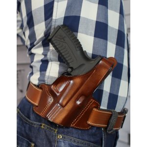 High ride OWB leather holster with thumb break