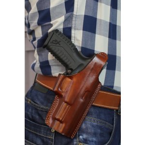 Slim design OWB leather holster with thumb break