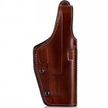 OWB leather holster with thumb break and adjustable gun draw retention