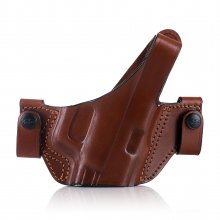 Easy on open barrel OWB leather holster with thumb break