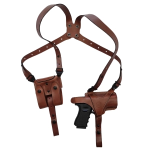 Horizontal Leather Shoulder Holster with a Harness and Double Magazine Pouch