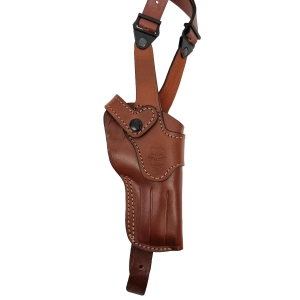 Vertical leather shoulder holster with a harness and double speedloader pouch