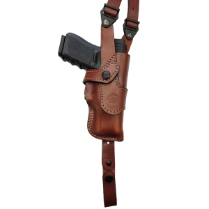 Vertical Leather Shoulder Holster with a Harness and Double Magazine Pouch