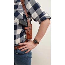 Vertical Leather Shoulder Holster with a Harness and Double Magazine Pouch