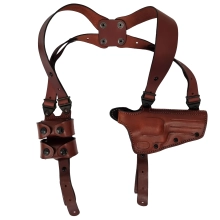 Leather shoulder holster with underlay sight protection and counterbalance
